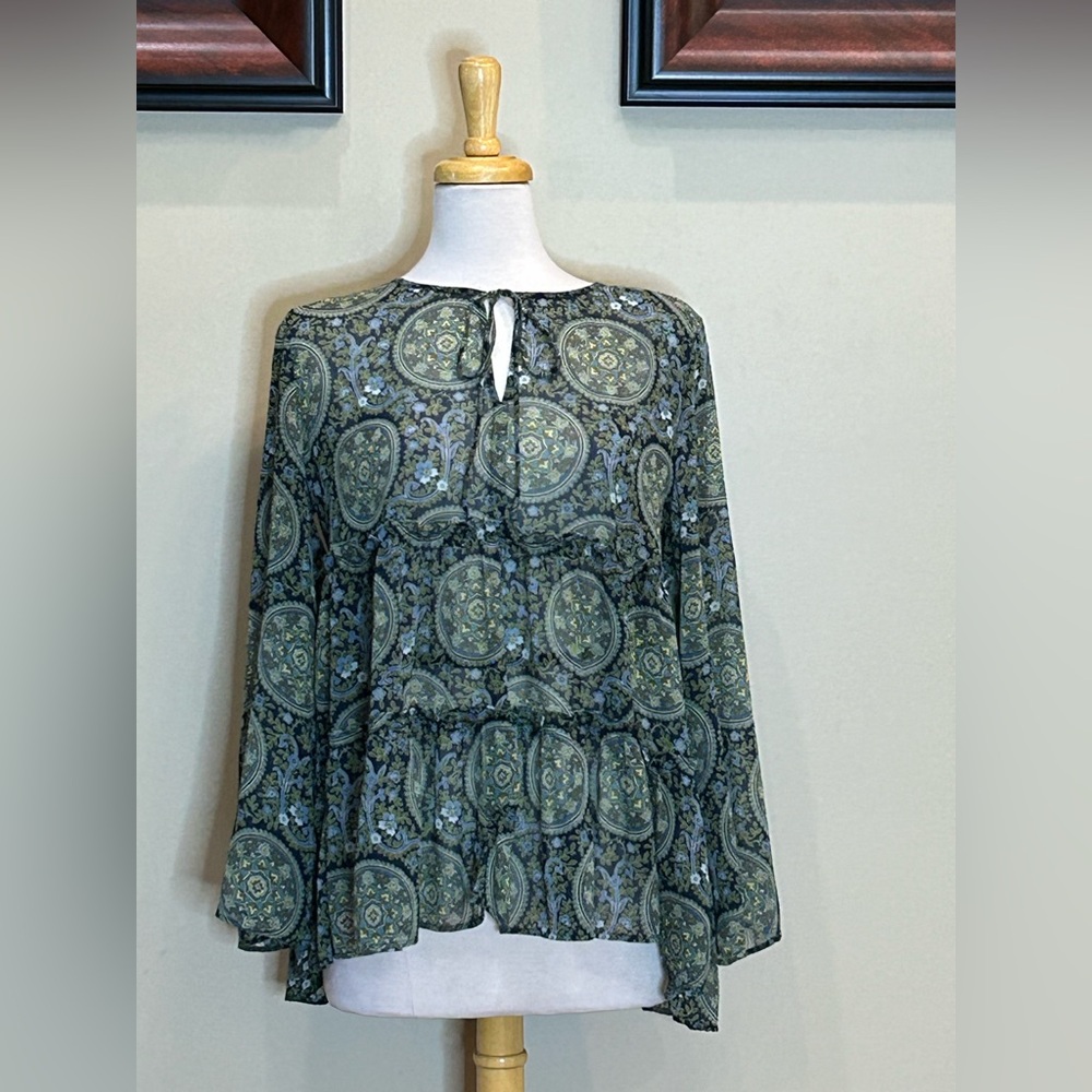 LOFT | Size Medium Sheer Green and Blue Geo Print Blouse